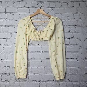 Princess Polly Violetta Yellow Floral Crop Top Balloon Sleeve Open Back Size 4